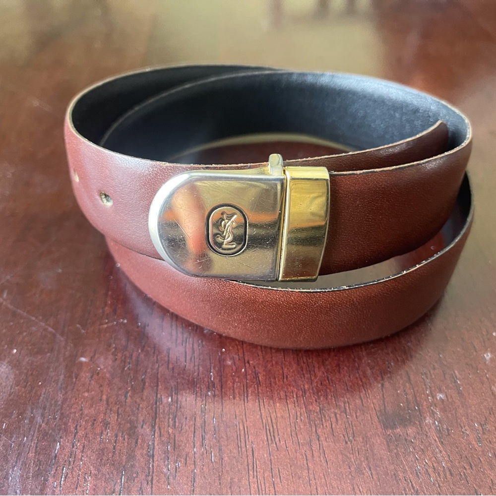 YSL Vintage reversible leather belt men’s dressy slim gold buckle